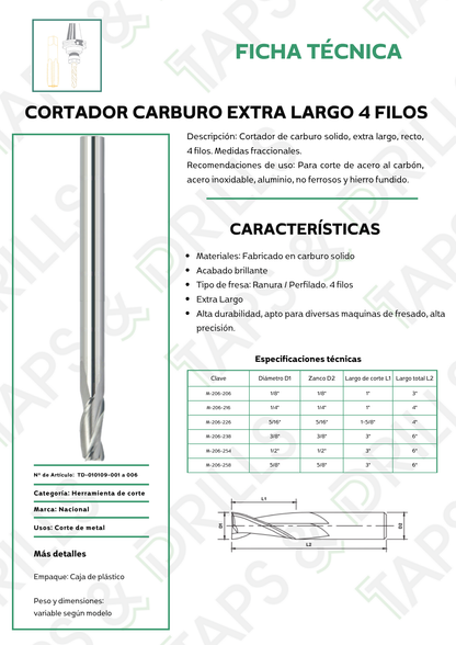 Cortador Carburo Extra Largo 4F Fraccional