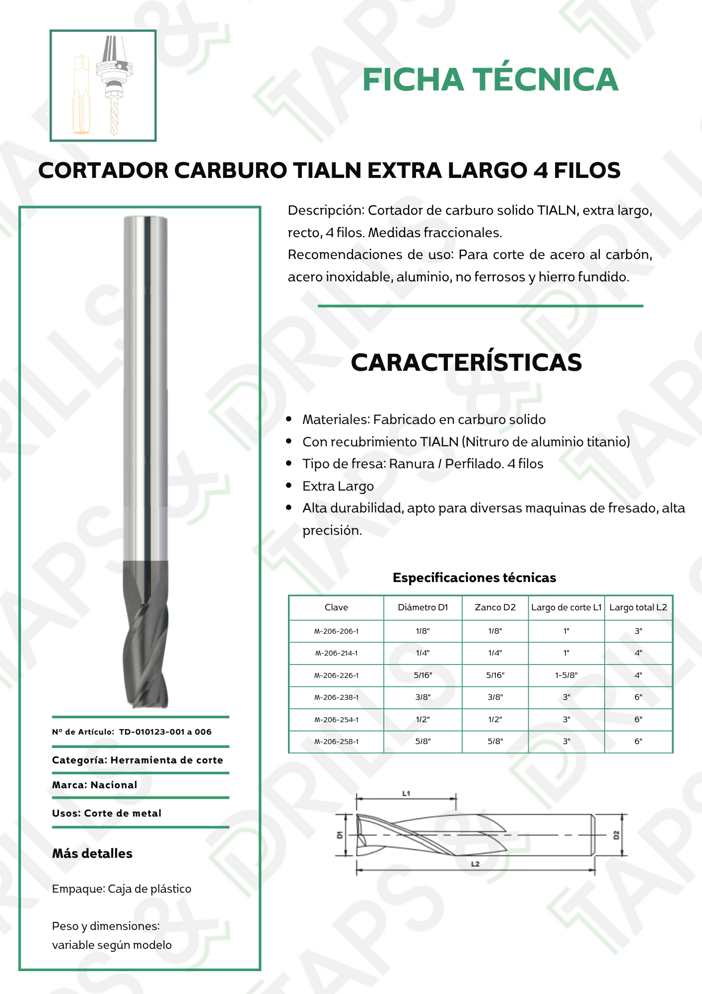 Cortador Carburo Extra Largo TiAlN 4F Fraccional