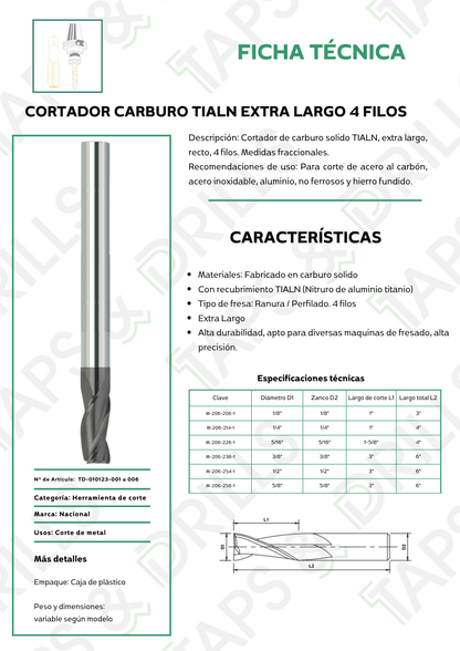 Cortador Carburo Extra Largo TiAlN 4F Fraccional